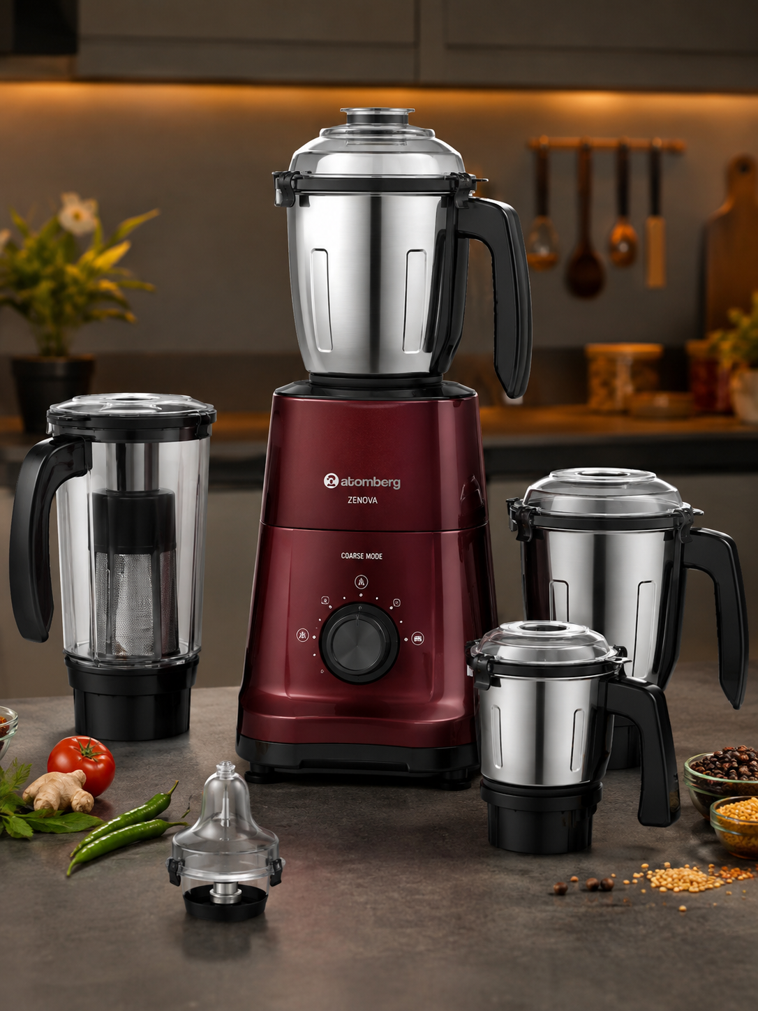 Atomberg Zenova Mixer Grinder | Intelligent BLDC Motor | 1000W Grinding Power | 4 Jars & Chopper | Red Wine